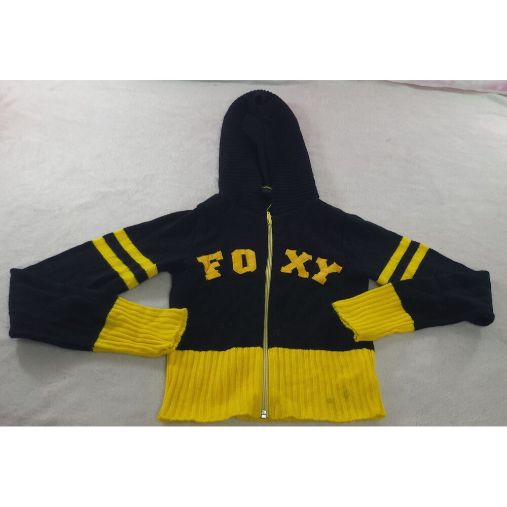 Hypnotic Y2K Black Yellow Foxy Varsity Knit Full Zip Hooded Sweater Jacket Sz S